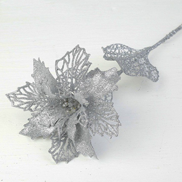 Декоративная веточка "Сияние" пышный цветок, 16*64 см, серебро