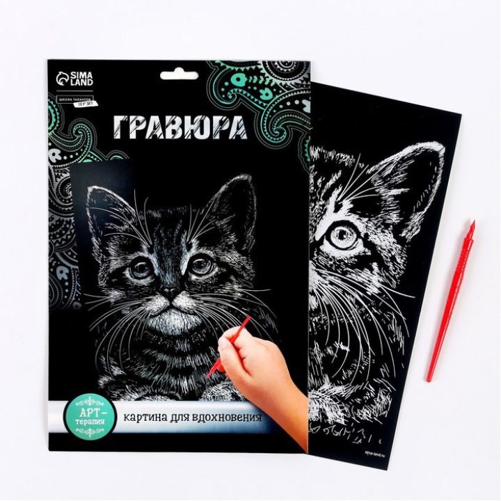 Гравюра Котёнок цвет серебро А4