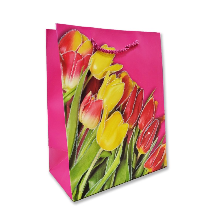 Пакет подарочный Яркие тюльпаны розовые 1шт, 26х32см.