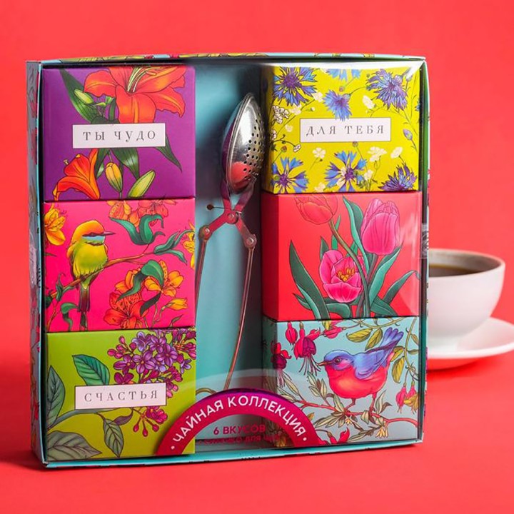 Чайный набор цветочный: 6видов чая и ситечко