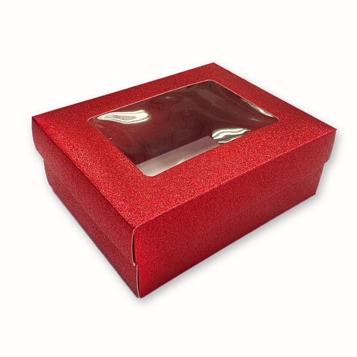 Подарочная коробка красная с блестками, 18х14х6,5 см.