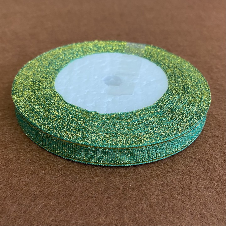 Капроновая лента парча, зелёная с золотым, 10 мм. 10м.
